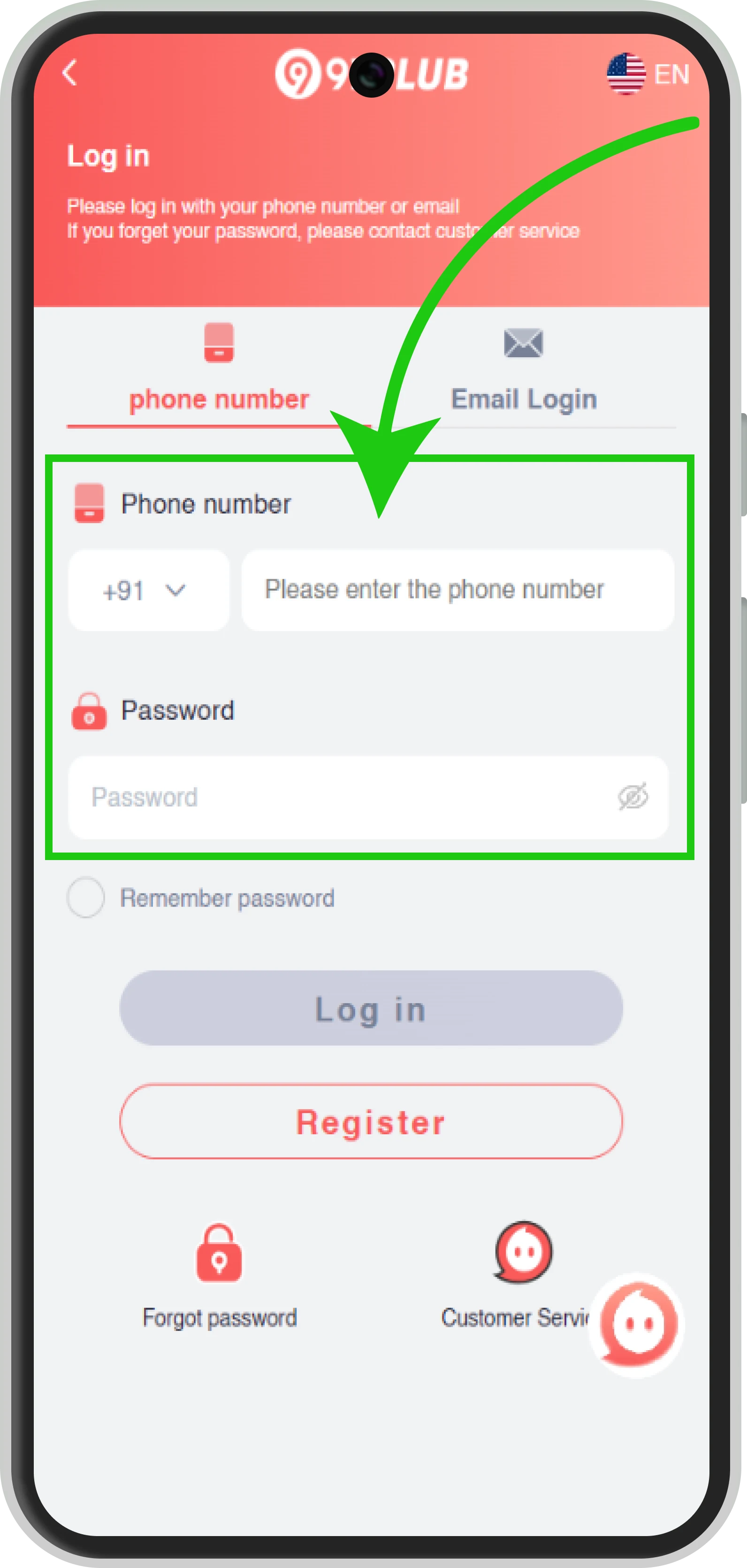 Enter your registered mobile number and password